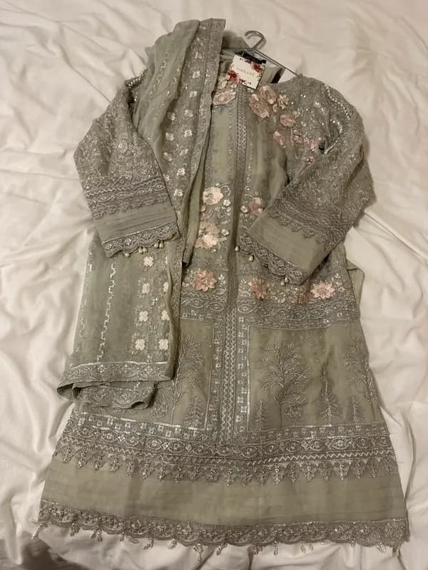 Beautiful sage green embroidered pearl fancy wedding 3 piece suit — image 1