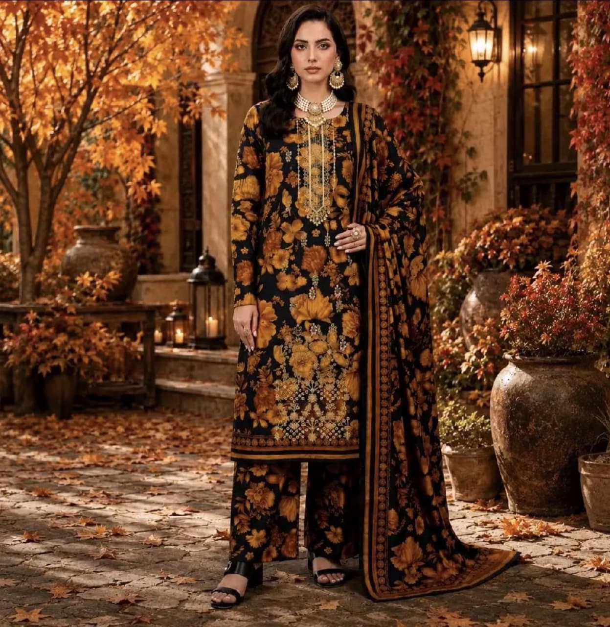 Brown 3 piece Floral Kameez Suit Size 3XL — image 1