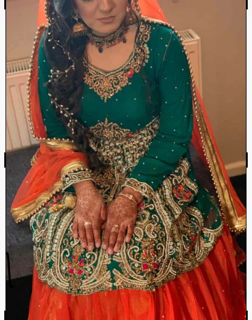 Teal and Orange Mehndi Lengha — image 1