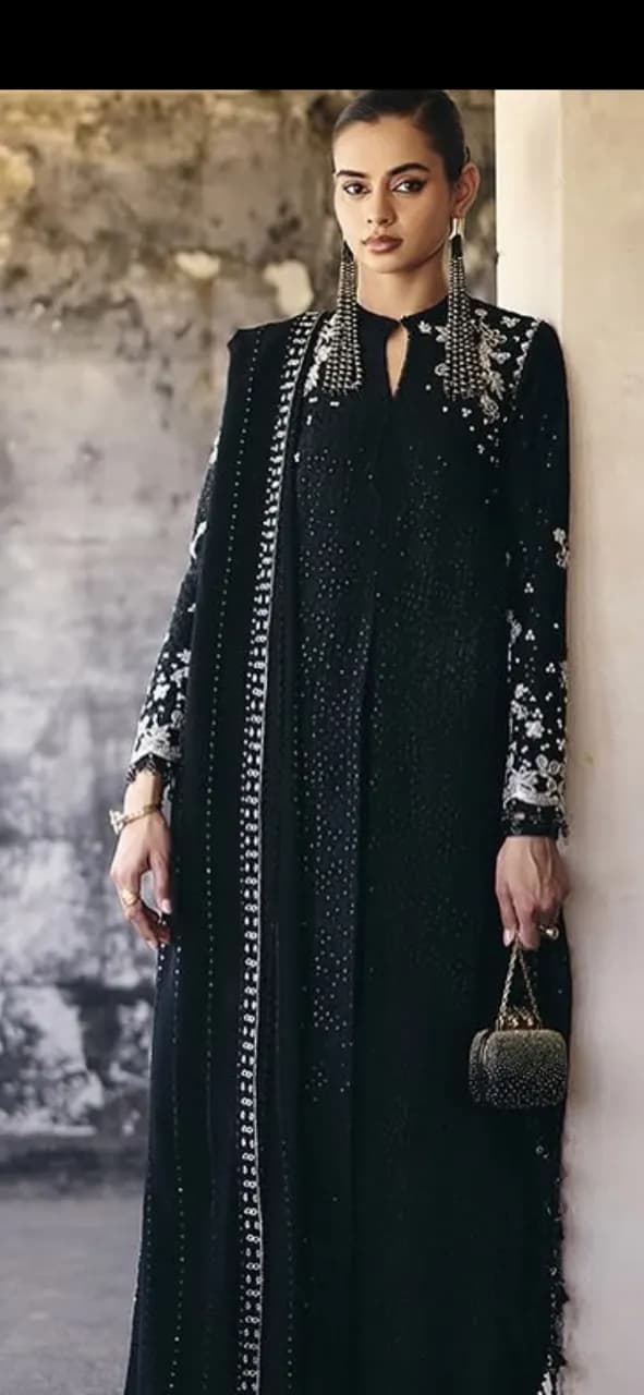 Suffuse Black Embroidered Formal Maxi Dress with Silver Detailing – Worn Once.