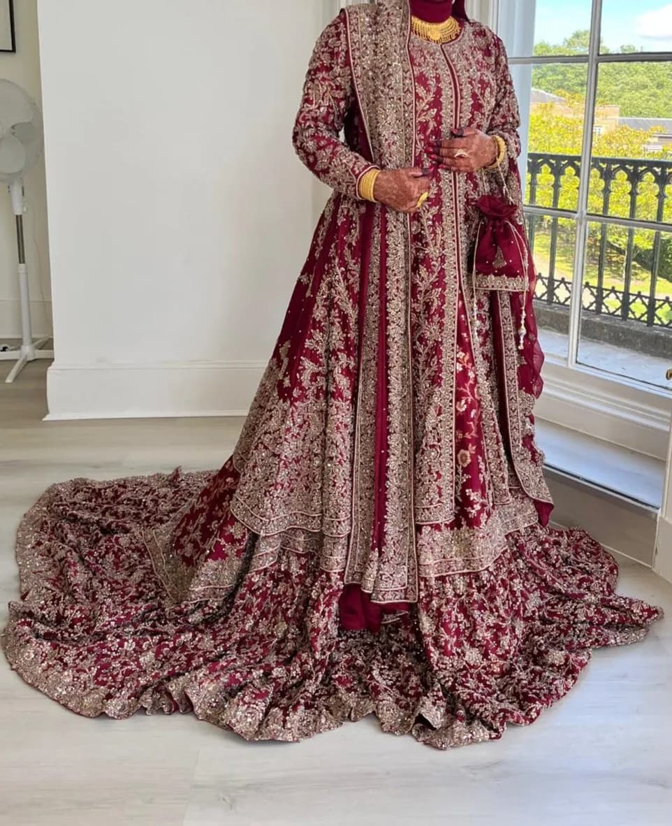 Red designer farshi bridal lengha with trail (LATEST DESIGN) — image 1