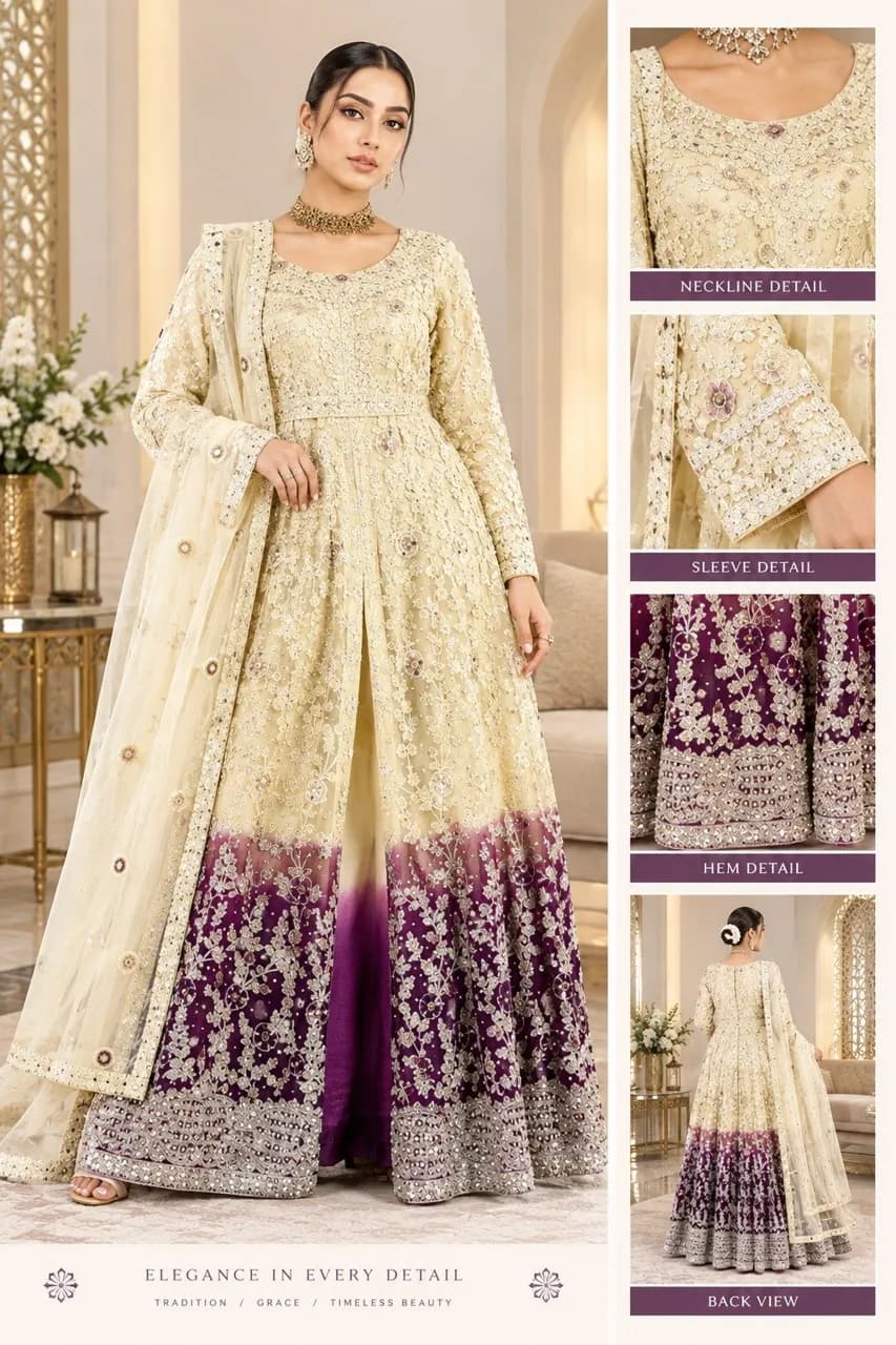 beige plum purple Wedding dress long party gown 2 layer tone embroidered jacket Abaya Maxi outfit — image 1