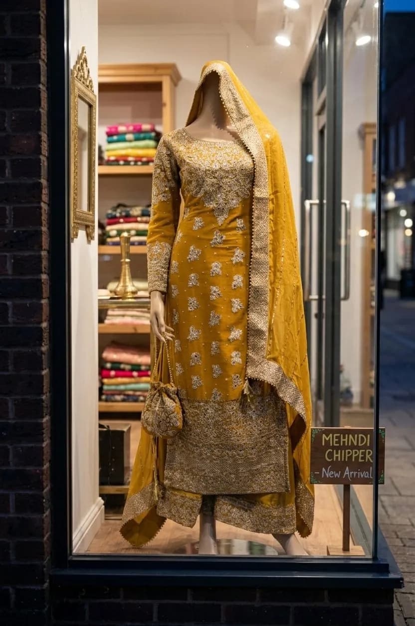 Mustard Yellow Gold Readymade Palazzo Mehndi bridal suit Asian Wedding Partywear outfit with matching potli bag — image 1