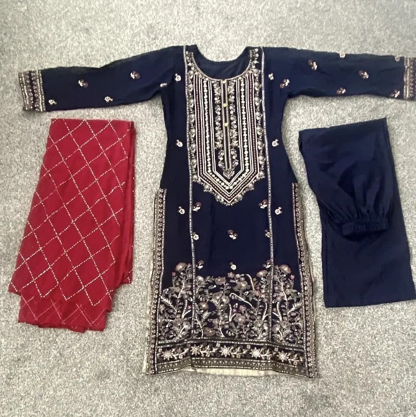Asim Jofa Women’s Navy Embroidered Salwar Kameez 3pc Set with Red Dupatta Size S