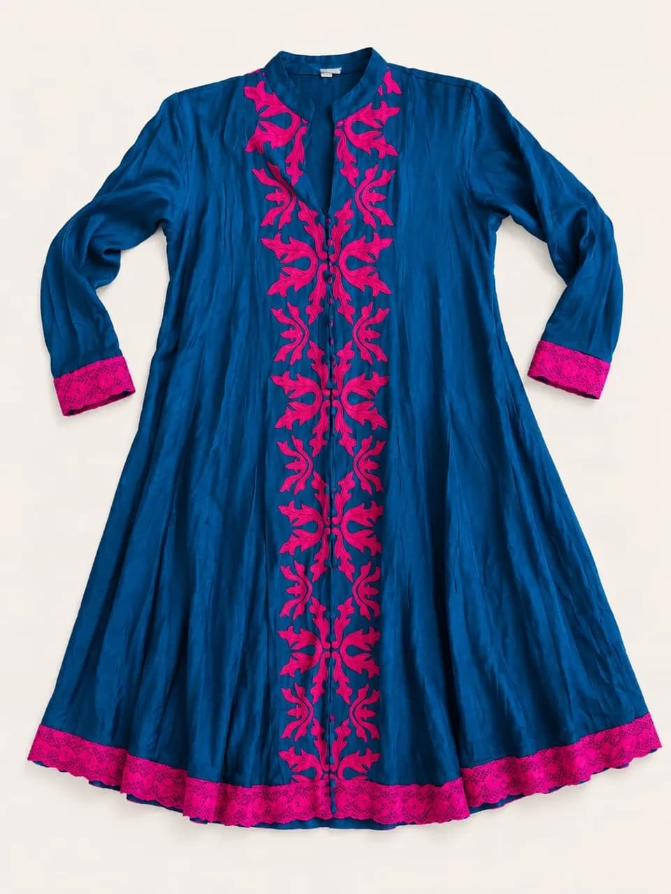 Vintage Blue & Pink Embroidered Tunic Dress Boho Midi Kaftan Festival Long Sleeve — image 1