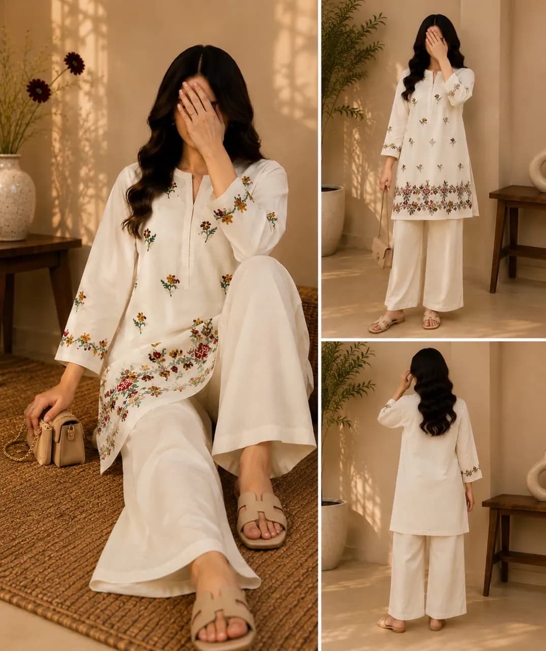 Elegant Off-White Lawn Cotton Kurta Set with Intricate Multicolour Floral Motif
