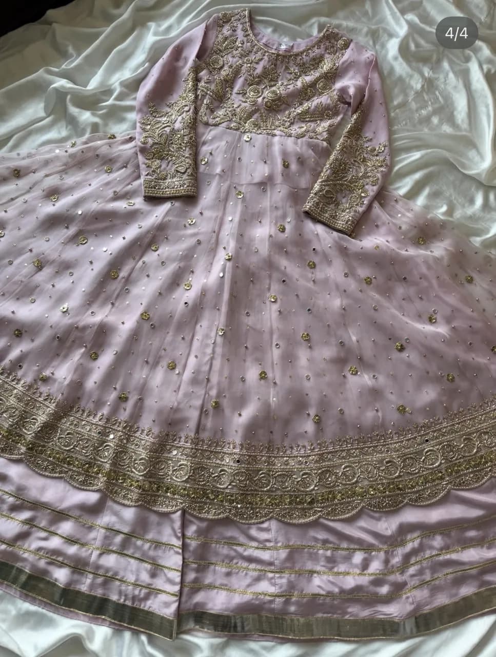 Maria Sajjad, engagement/nikkah/walima bridal lilac Anarkali dress with sharara and heavy work dupatta, size M — image 1
