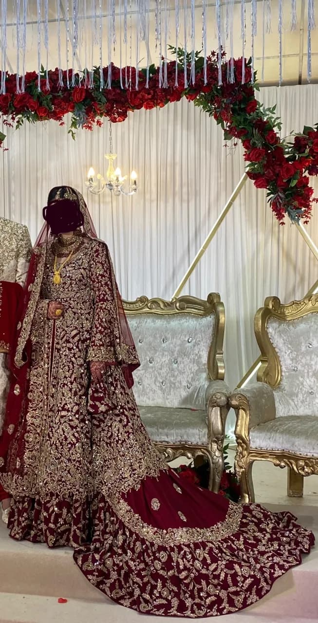 BRIDAL RED LONG FARSHI GOWN LENGHA WITH BAG AND JEWELLERY — image 1