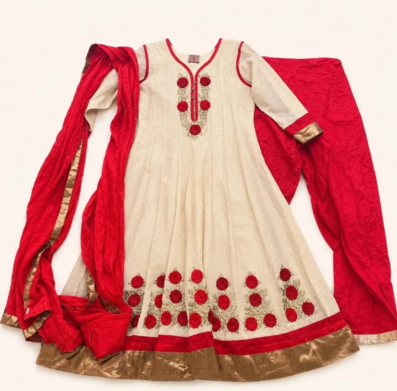 Juliet India Cream & Red Anarkali Suit | Floral Embroidered Salwar Kameez | UK 10-12