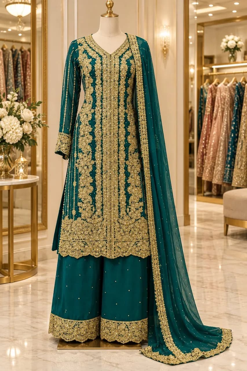 Palazzo Salwar Kameez Jade Green Pakistani designer suit Partywear wedding outfit — image 1