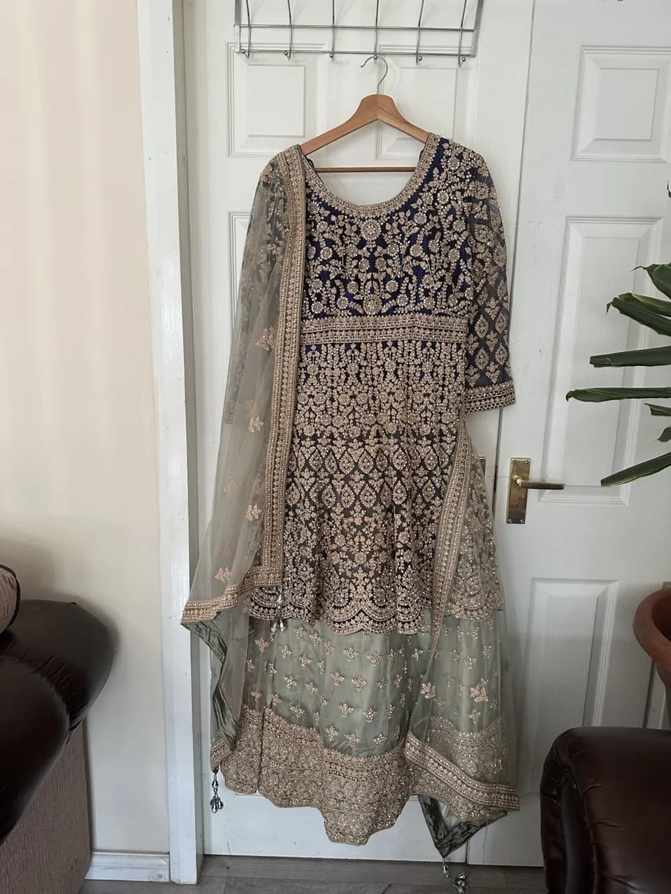 Navy Blue and Sage Green Heavy Embroidered Sharara / Lehnga Suit — image 1