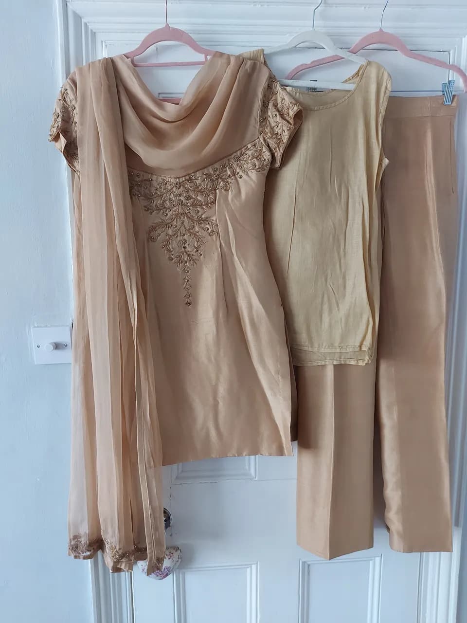 4-piece formal South Asian trouser suit by designer Saiqa Majeed, crafted in an elegant monochromatic gold/champagne hue.