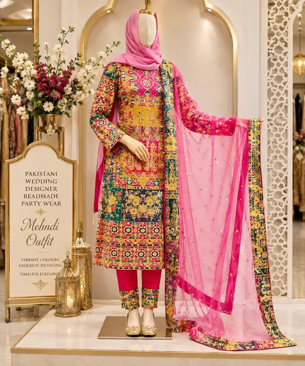 Mehndi suit Pakistani Designer wedding party wear multi Readymade glazed cotton kameez net scarf Pink outfit