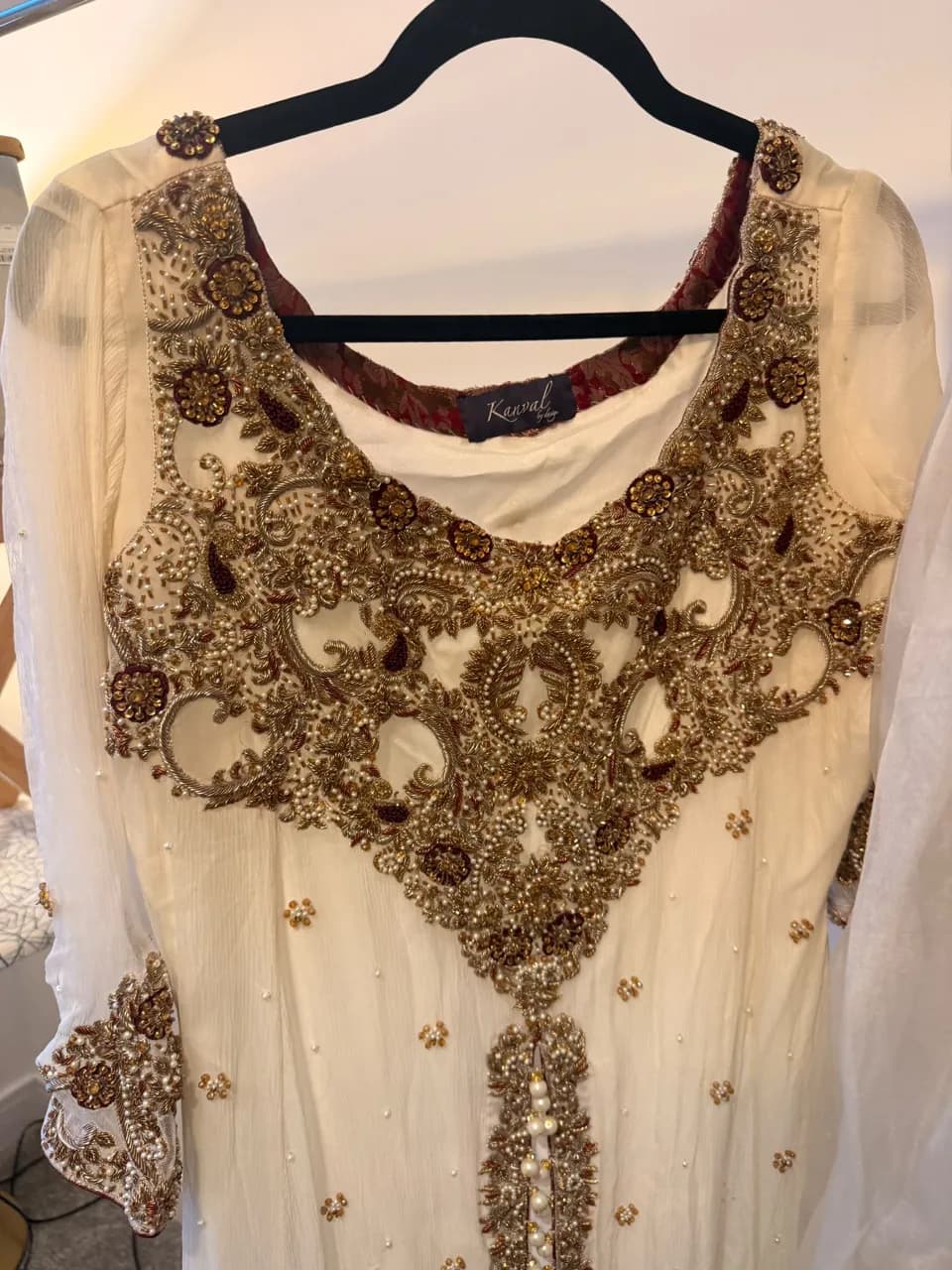 Kanval by Design Ivory, Champagne & red Bridal Lengha – 2 Dupattas – Unworn — image 1