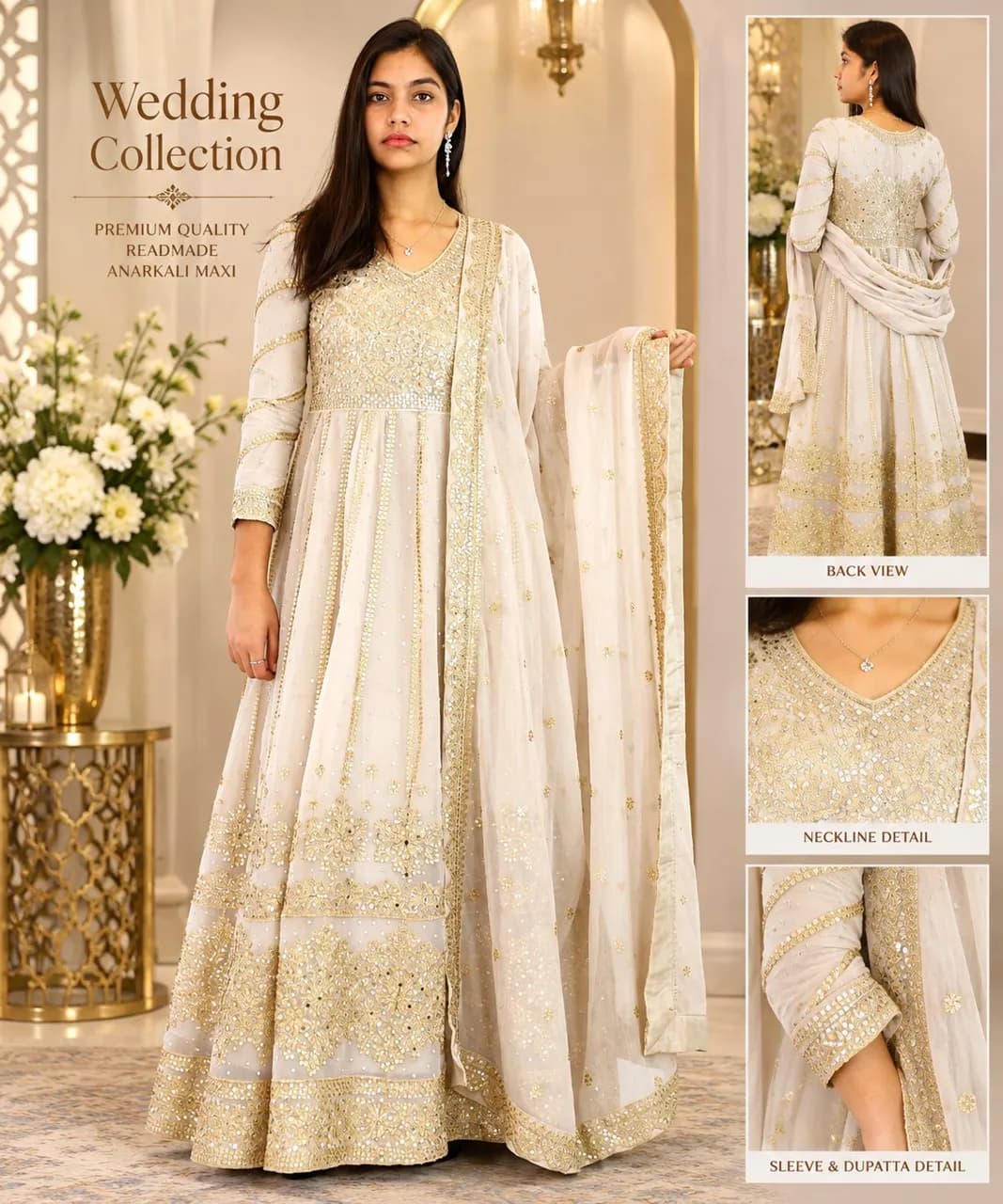 cream with gold embroidery Wedding dress Anarkali Pakistani wedding Readymade Long Maxi outfits — image 1