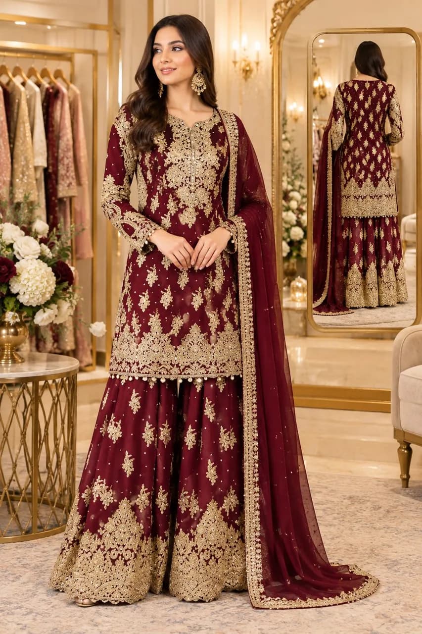 Palazzo flared Readymade Pakistani Wedding designer dress burgundy Maroon Sharara suit Partywear — image 1
