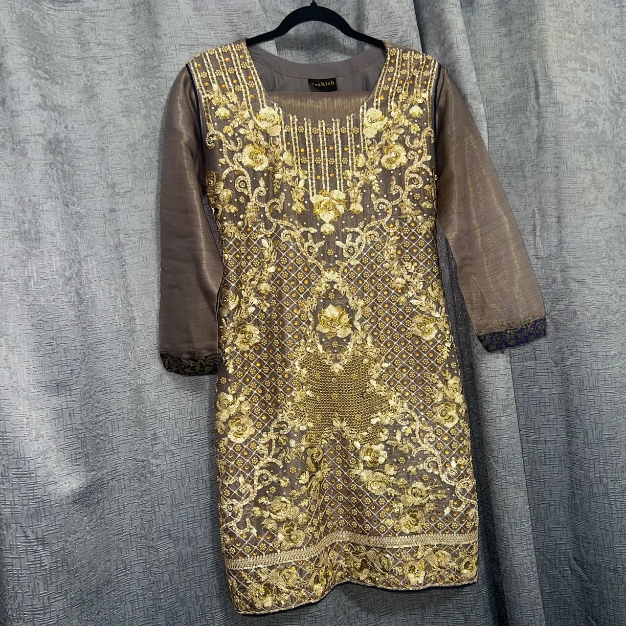 Coffee brown diamanté gold Asian trouser kameez outfit — image 1