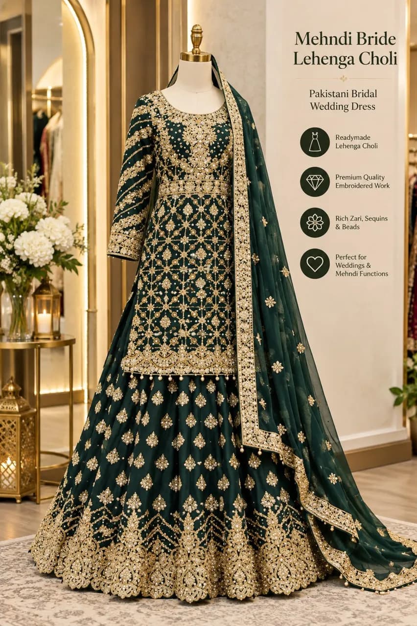 Mehndi bride Lehenga Readymade Pakistani Wedding designer deep Green dress 3pc Rajistani style outfit — image 1