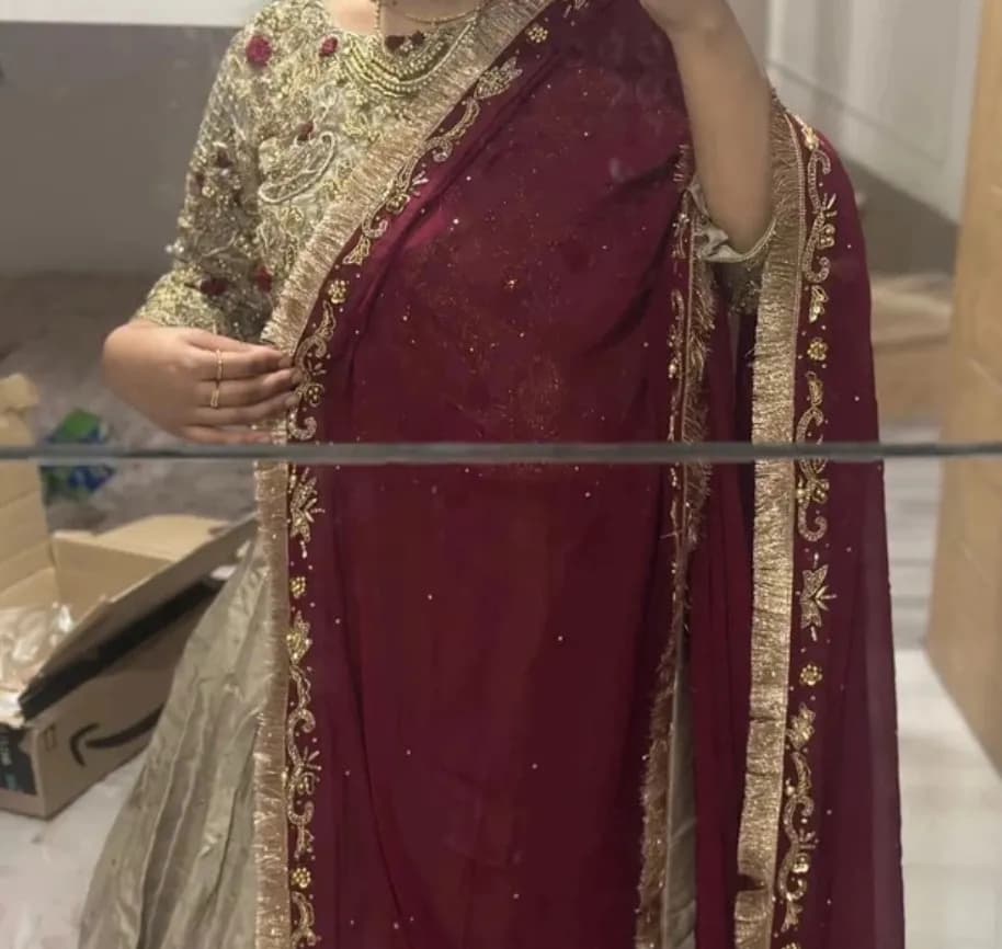 Maroon dupatta and beige lengha size small with heavily embellished top — image 1