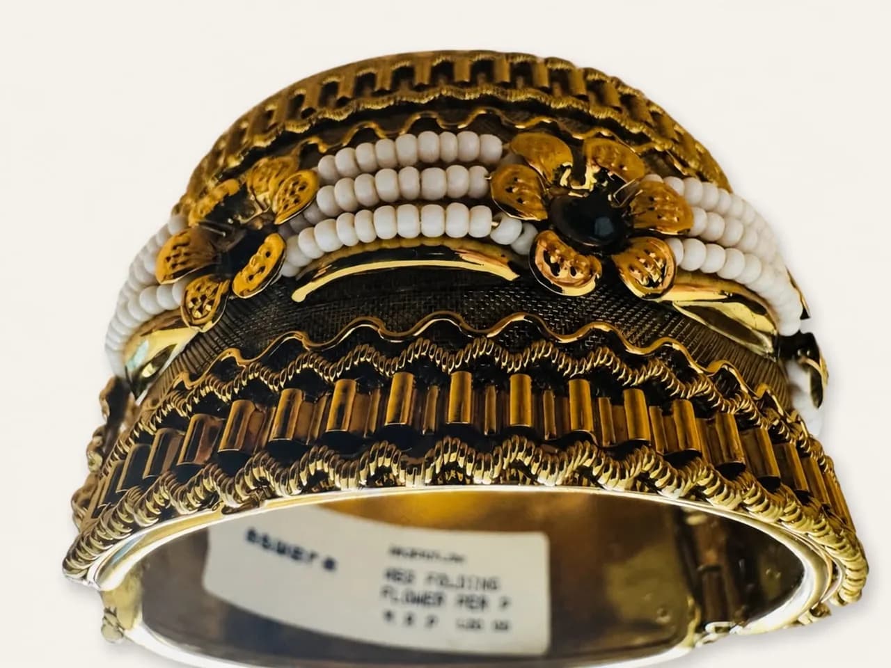 Vintage Gold Tone Floral Hinged Cuff Bracelet White Beaded Statement Bangle Boho Jewellery — image 1