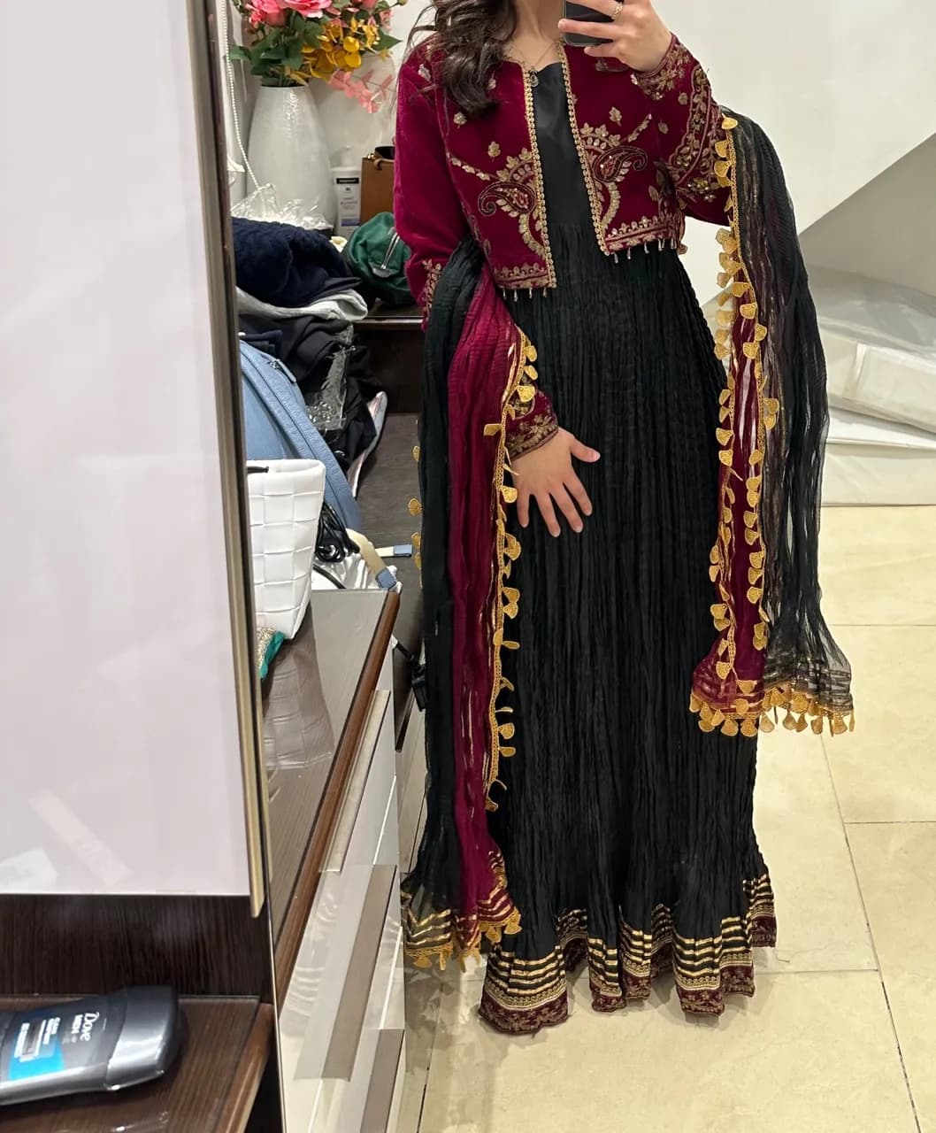 Black and burgundy embroidered Asian formal dress — image 1