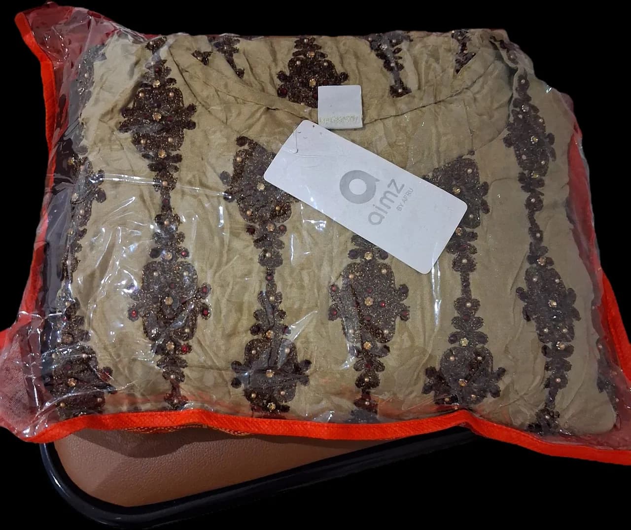 Beige Brown Embellished Asian Party Wear Tunic & Dupatta — image 1