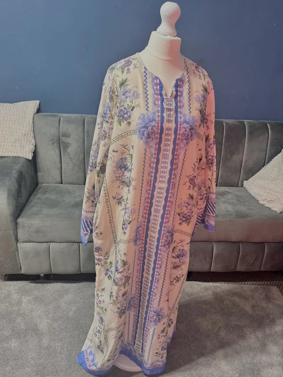 Floral Blue & Cream Maxi Kaftan / Abaya — image 1