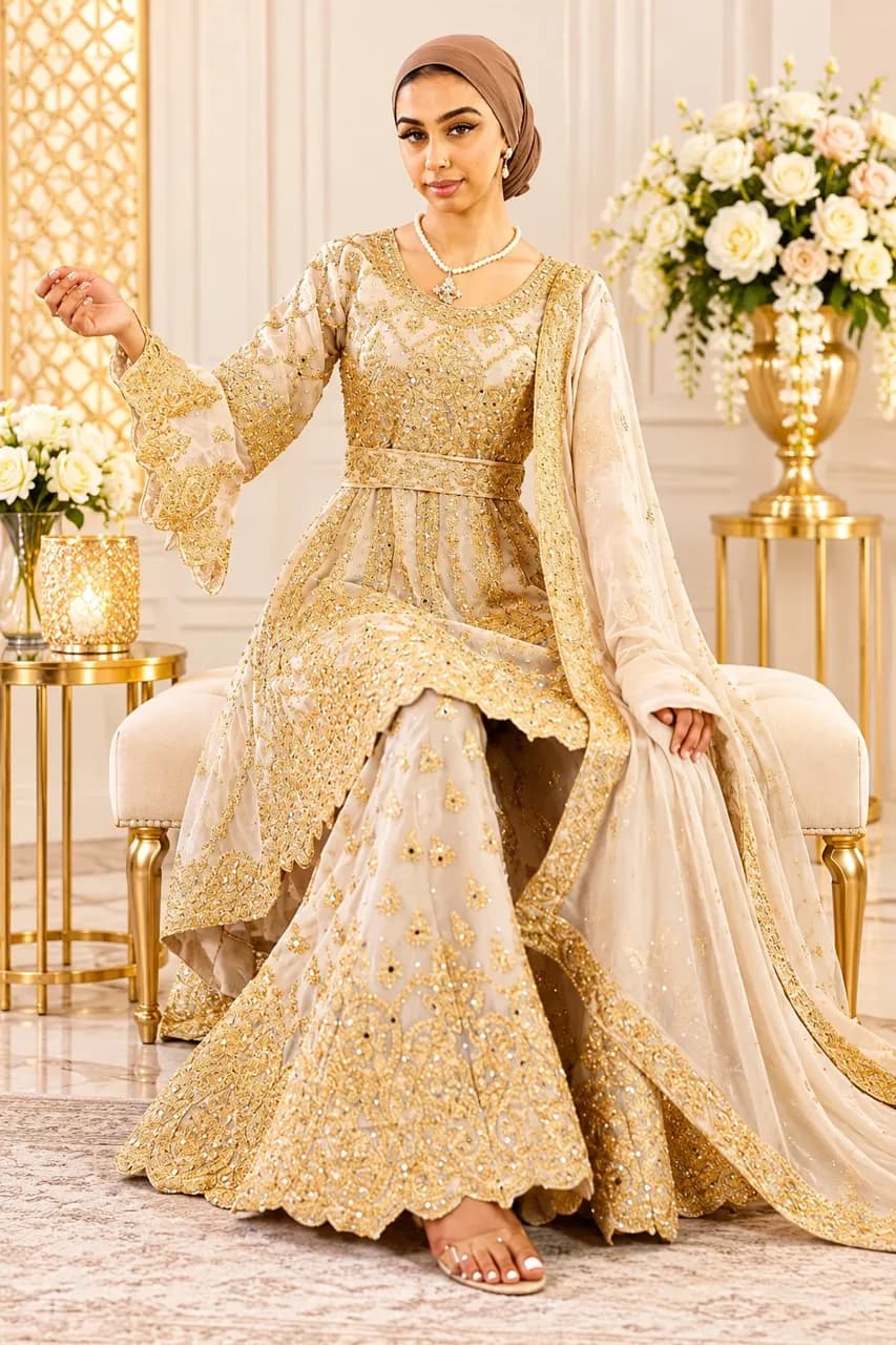 Nikkah gold Palazzo Peplum Suit Readymade dress Partywear Wedding bellarm Outfit — image 1