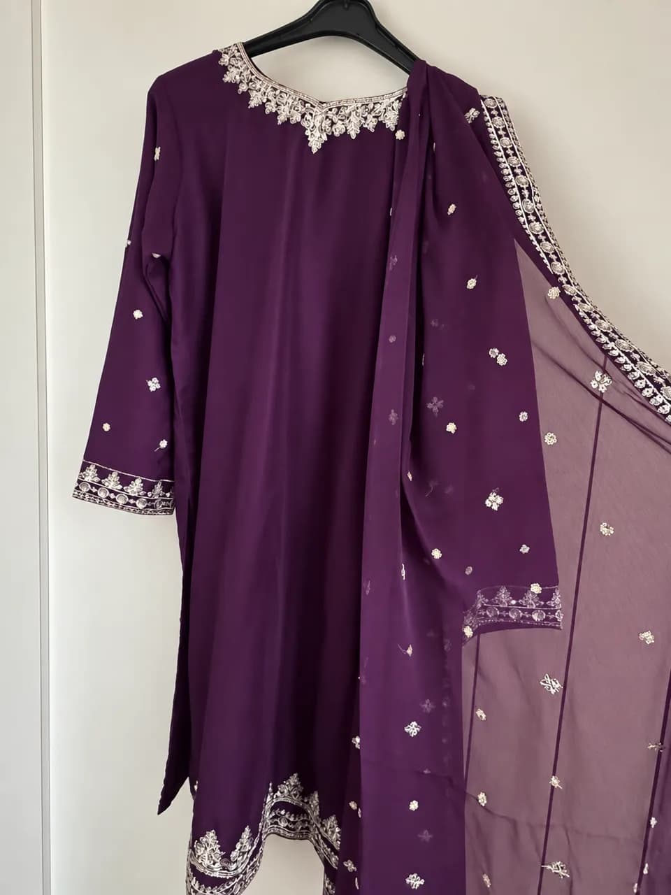 Purple Embroidered 3-Piece Sharara Suit – Size L