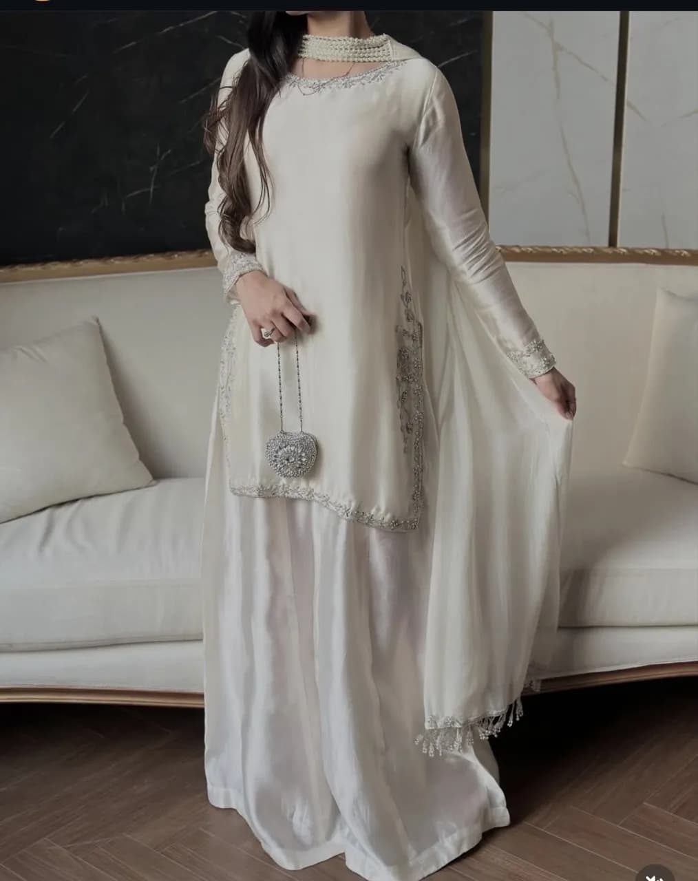 Pearl White raw silk wide leg suit