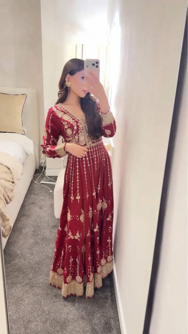 Deep Red & Gold Embroidered Dress — image 1