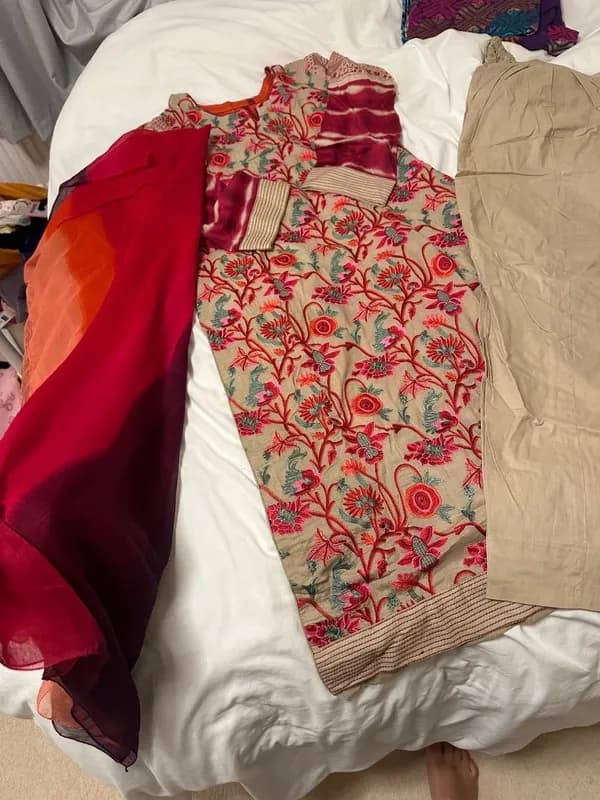 beautiful colours embroidered long kameez with matching pants and sunset tie-dye — image 1