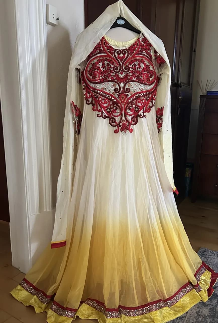 Yellow and red ombré anarkali gown with intricate embroidery and sequins — image 1