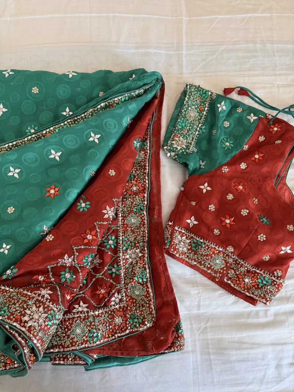 Green and burnt orange saree