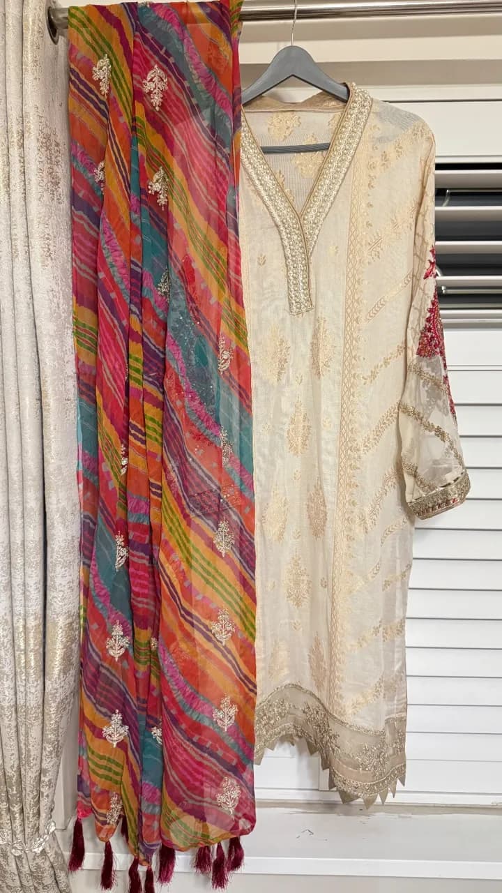 Maria B cotton net kameez with multicoloured chiffon dupatta and cotton chikankari wide trousers