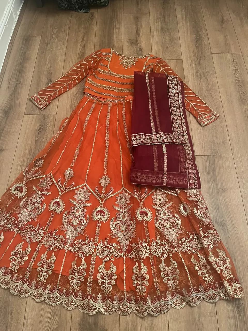Orange gold embroidered lengha with maroon duppatta. Wedding party wear — image 1