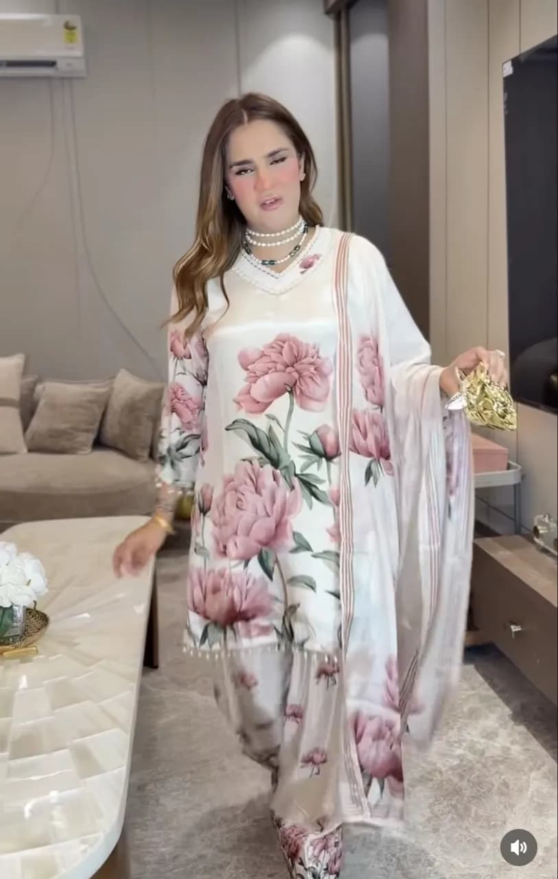 ✨ Peach Floral Pure Crepe Party Wear Suit — Sizes 40, 42, 44 ✨