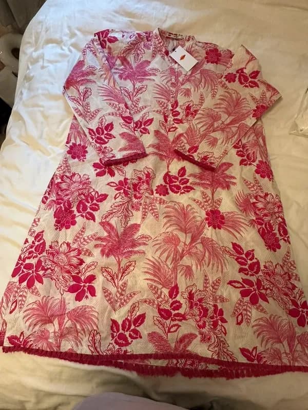 Khaadi cotton white and hot pink kurta with tassels, size 14 — image 1