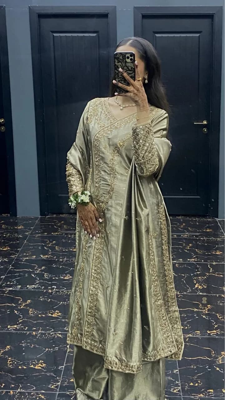 Elegant Olive Gold Embellished 3-Piece Silk Suit | Pakistani Party Wedding Wear — image 1