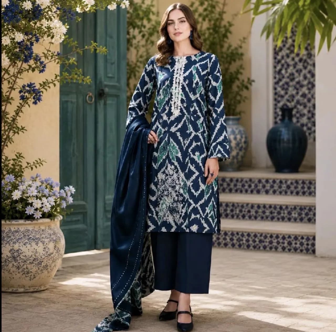 Salwar Kameez Blue Printed 3 piece Suit 3XL — image 1
