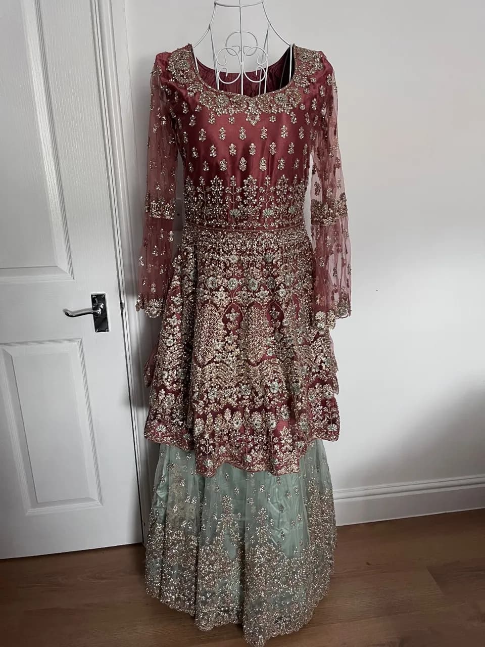 Burgundy mint bridal lengha — image 1