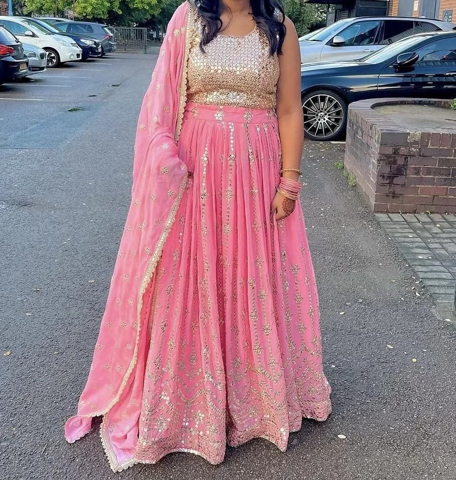 Bright Pink & Gold Mirror-Work Lehenga — 3-Piece Set | Mehendi/Sangeet Wear — image 1