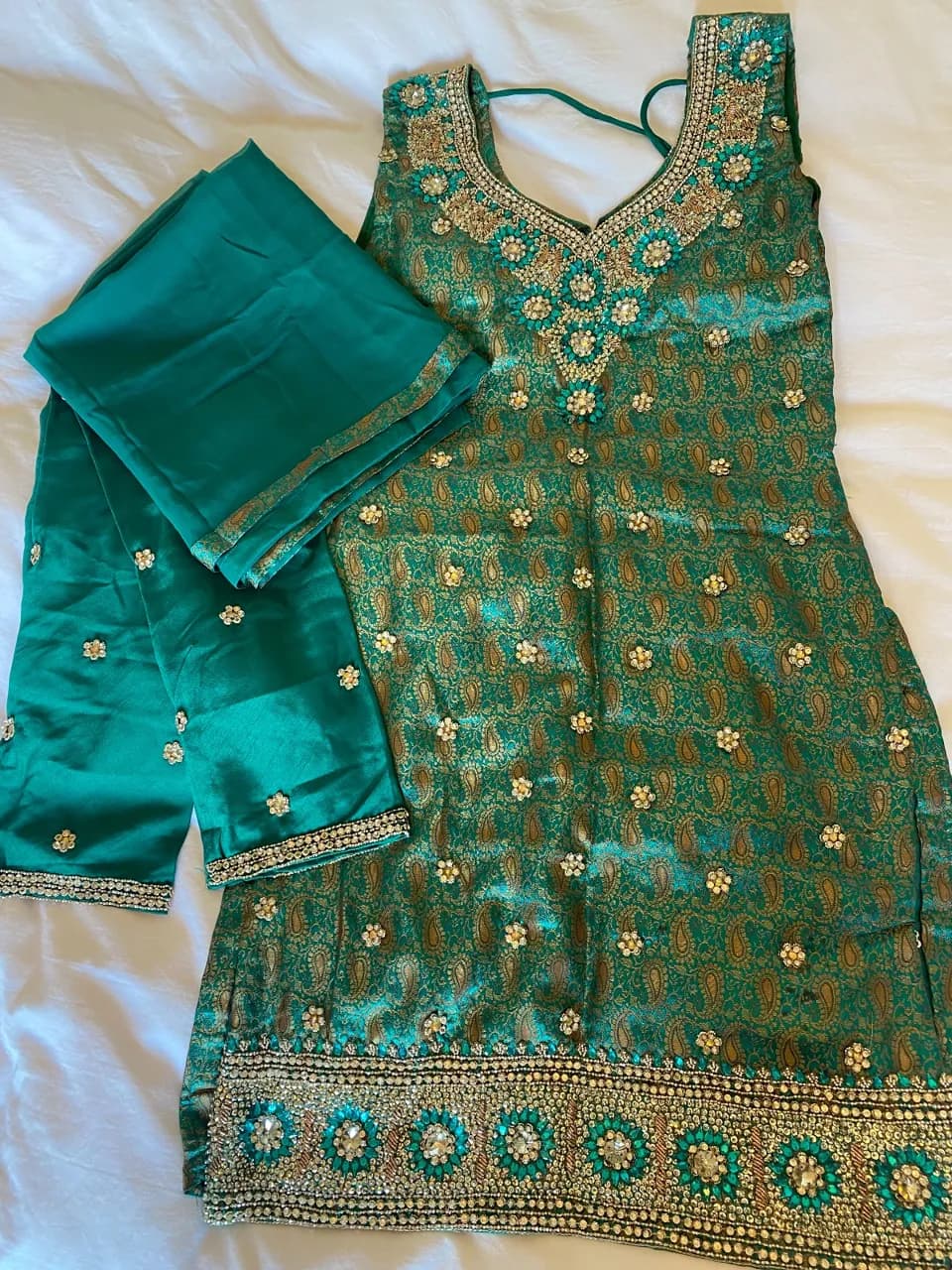 Teal Noor Embellished Brocade 3-Piece Suit - OBO