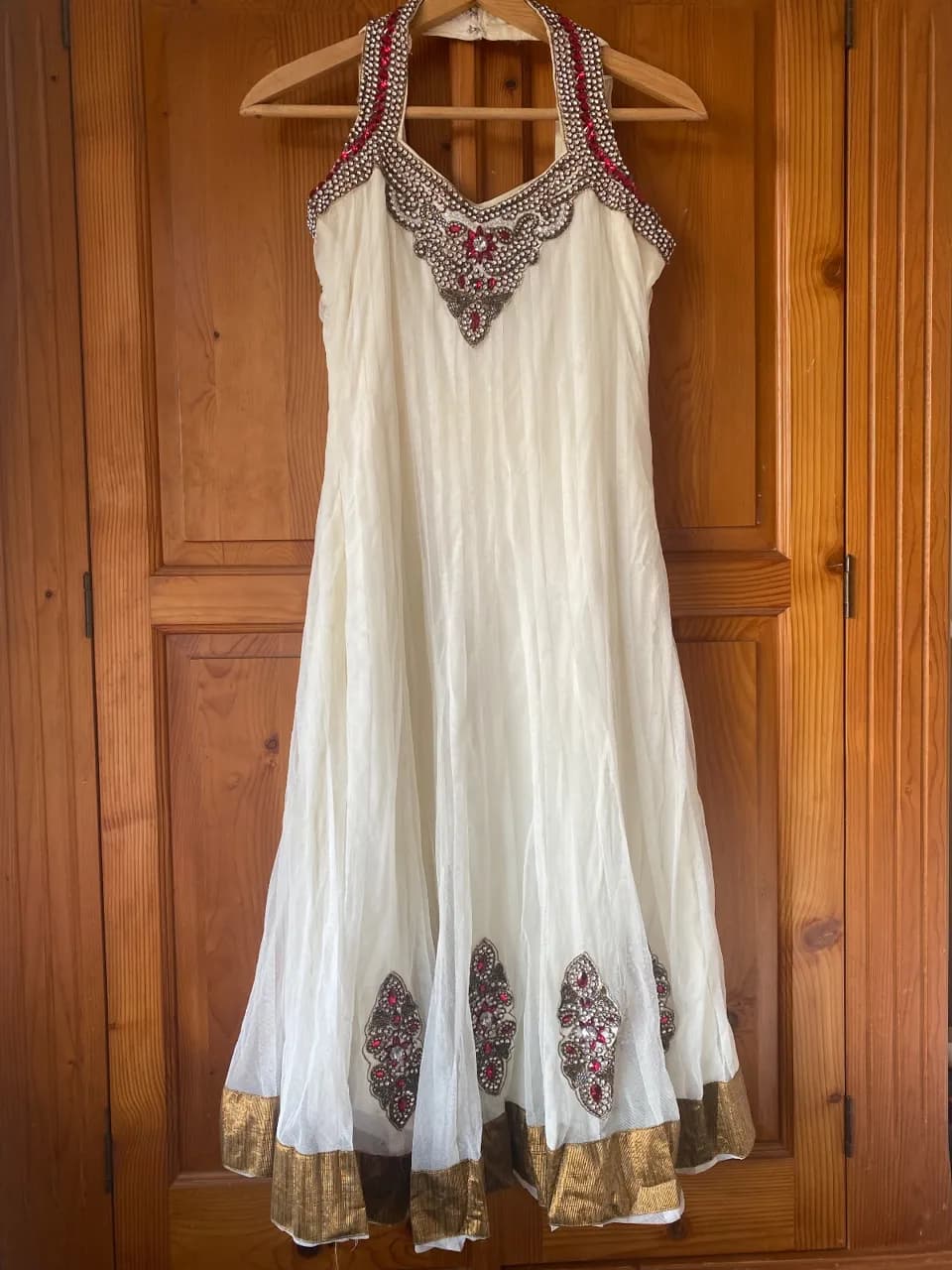 Ivory / Cream Embellished Indian Anarkali Dress with Pink Dupatta OBO — image 1