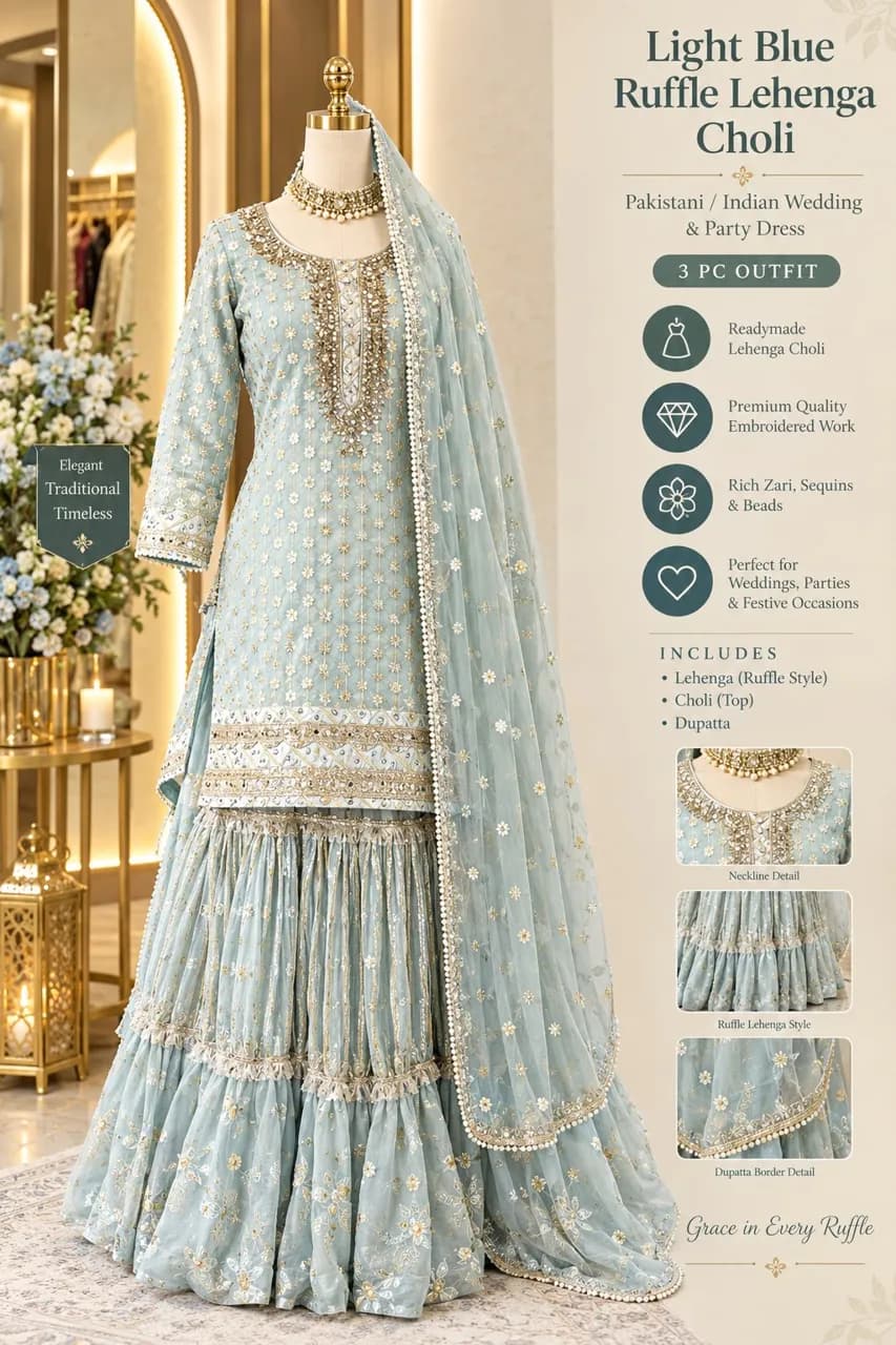 Nikkah Lehenga lehnga Choli Indian Pakistani Wedding Partywear Readymade outfit light blue gold embroidery ruffle lehenga skirt
