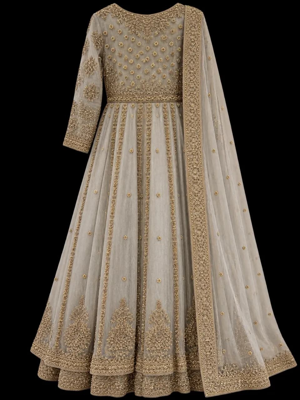 elegant ivory & gold embroidered maxi dress with dupatta — image 1