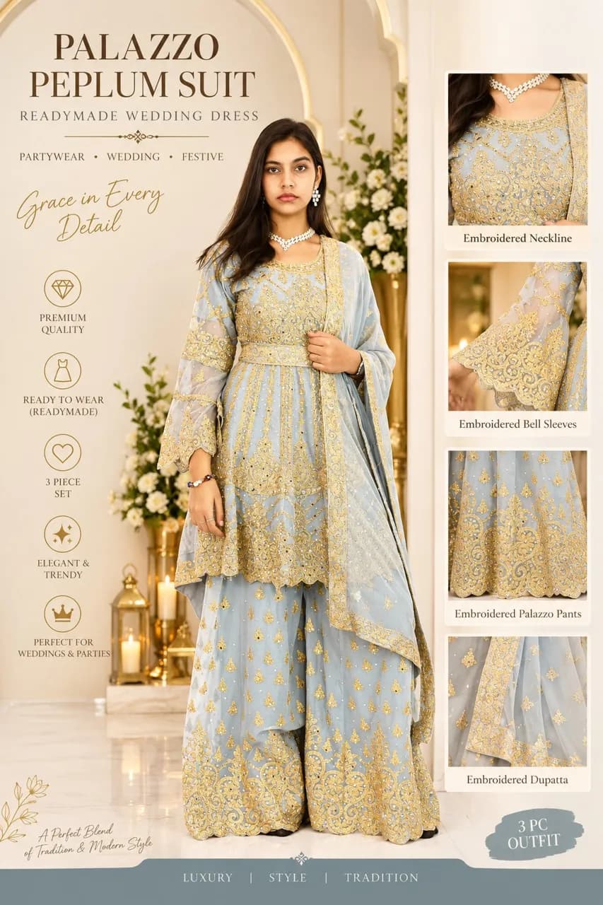 Flared Palazzo Suit Readymade dress Pakistani Wedding designer Peplum bell arms Outfit silvery grey with gold embroidery — image 1