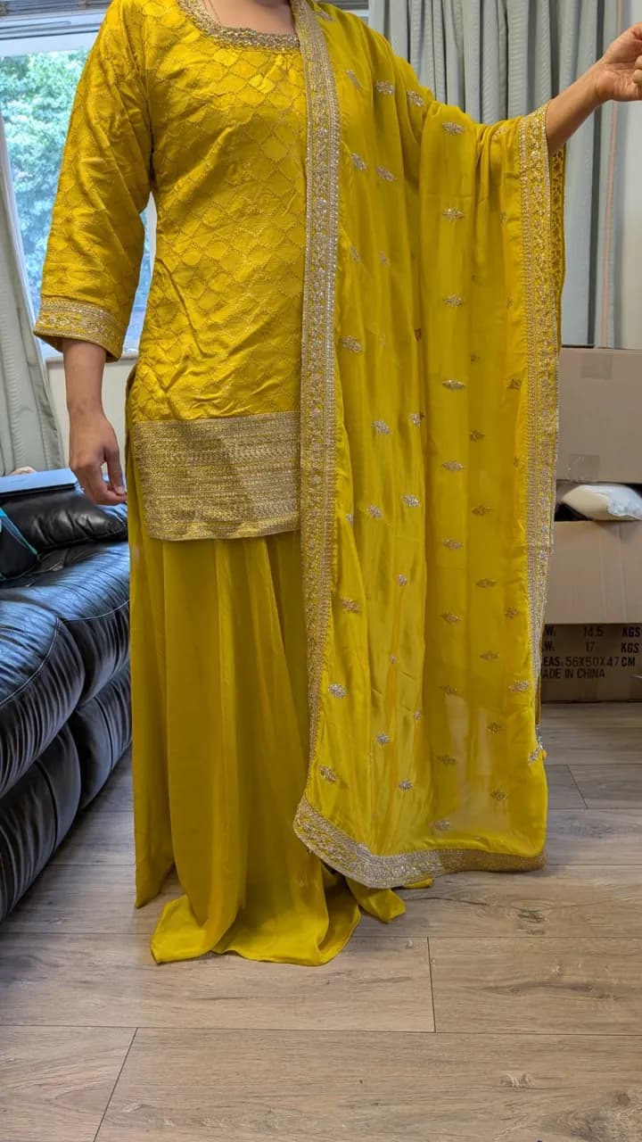 Yellow Indian/Pakistani Suit with Silver Embroidery. — image 1