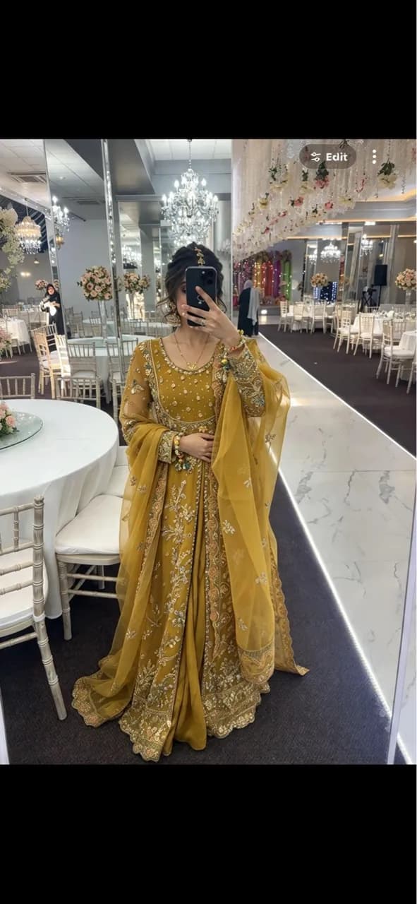 Akbar Aslam Wedding Collection – Mustard Gold Embellished Anarkali Outfit — image 1