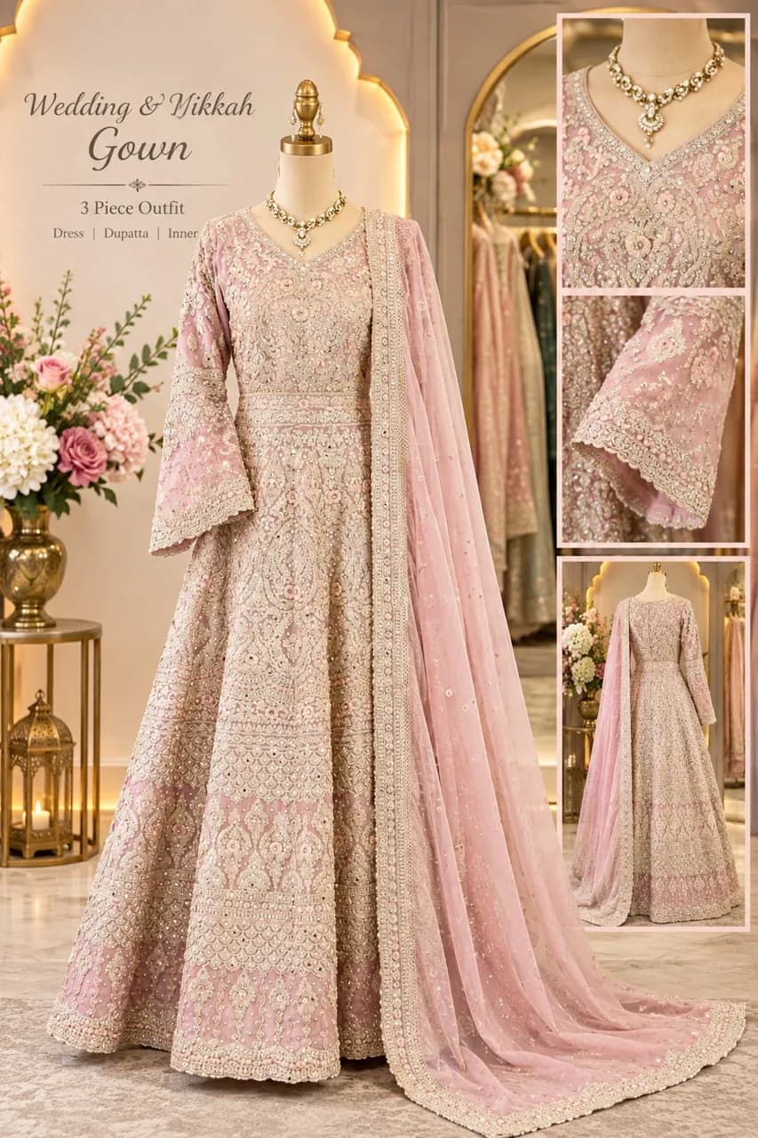 Nikkah Wedding dress Readymade heavy embroidery evening Gown Indian Pakistani Asian pink Maxi 3pc outfit — image 1